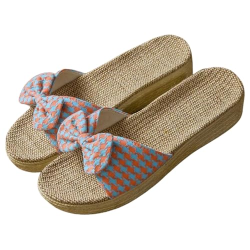 SUYHKO Hausschuhe Damen Frauen Dicke Plattform Flachsruhrschuhe Sommer Beach Leinen Folien Sohle Sandalen-plaid-r-35-36 (230 Mm) von SUYHKO