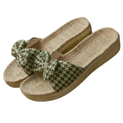 SUYHKO Hausschuhe Damen Frauen Dicke Plattform Flachsruhrschuhe Sommer Beach Leinen Folien Sohle Sandalen-plaidgrün-35-36 (230 Mm) von SUYHKO