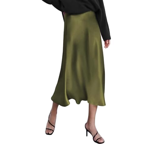 Damen Satinrock Hohe Taille Midi Röcke Retro Fischschwanz Arbeit Bleistiftrock Bequem Partyrock Elegant Business Rock mit Reißverschluss, army, S von SUYUKU