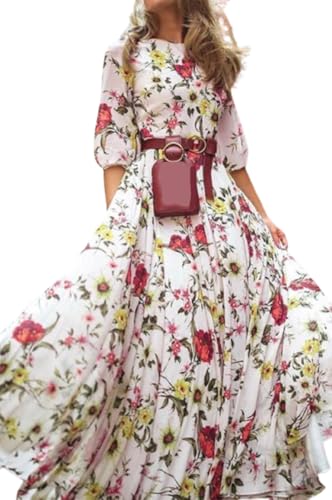 SUYUKU Damen Kleid Floral Maxi Kleider Rundhalsausschnitt Freizeitkleid Lady Sommer Floral Wrap Strandkleider Loose Fit Party Festliche Hochzeit Langes Kleid S - 3XL von SUYUKU