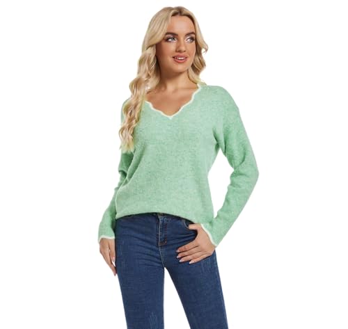SUYUKU Damen-Pullover Sexy V Ausschnitt Lässiger Pullover Langärmelig lockere Passform Herbst Strickwaren Mode Einfarbig Lose Winterpullover Tops von SUYUKU