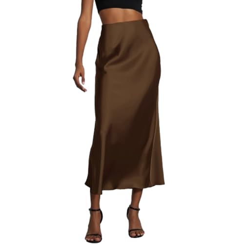 SUYUKU Damen Satinrock Hohe Taille Midi Röcke Retro Fischschwanz Arbeit Bleistiftrock Bequem Partyrock Elegant Business Rock mit Reißverschluss, coffee, S von SUYUKU