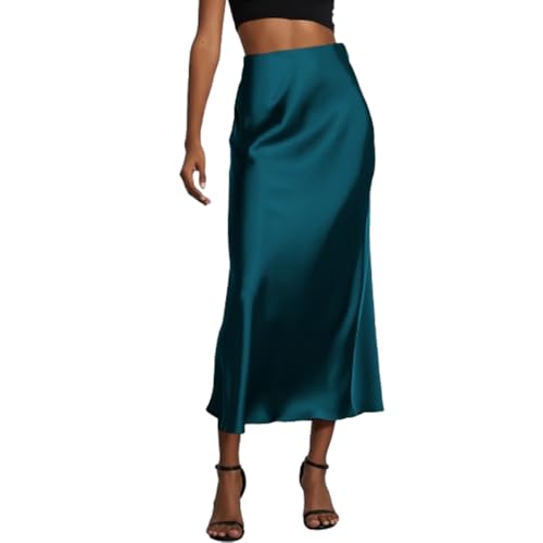 SUYUKU Damen Satinrock Hohe Taille Midi Röcke Retro Fischschwanz Arbeit Bleistiftrock Bequem Partyrock Elegant Business Rock mit Reißverschluss, dunkelblau, L von SUYUKU