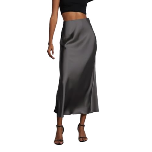 SUYUKU Damen Satinrock Hohe Taille Midi Röcke Retro Fischschwanz Arbeit Bleistiftrock Bequem Partyrock Elegant Business Rock mit Reißverschluss, dunkelgrau, L von SUYUKU