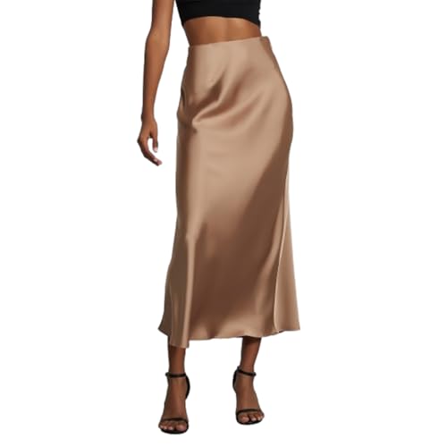 SUYUKU Damen Satinrock Hohe Taille Midi Röcke Retro Fischschwanz Arbeit Bleistiftrock Bequem Partyrock Elegant Business Rock mit Reißverschluss, khaki, M von SUYUKU