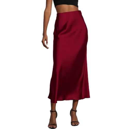 SUYUKU Damen Satinrock Hohe Taille Midi Röcke Retro Fischschwanz Arbeit Bleistiftrock Bequem Partyrock Elegant Business Rock mit Reißverschluss, rot, L von SUYUKU