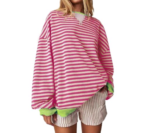 SUYUKU Damen Sweatshirt Gestreift übergroßer Pullover Langärmelig Rundhalsausschnitt Lässiger Pullover Damenmode Y2K Sweatshirts Damen Farbblock Bequem Lockeres Oberteil S-XXL von SUYUKU