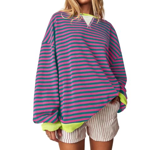 SUYUKU Damen Sweatshirt Gestreift übergroßer Pullover Langärmelig Rundhalsausschnitt Lässiger Pullover Damenmode Y2K Sweatshirts Damen Farbblock Bequem Lockeres Oberteil S-XXL von SUYUKU