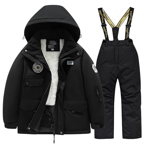 SUYUKU Kid Boy Snow 2 Anzug Winter Gril Boy Schneeanzug Mode Kapuzenmantel Warme Latzhose Kinder Mädchen Wasserdicht Skianzüge Thermo Plüsch Outdoor Kinder Winter Verdickte Daunenjacke Anzug von SUYUKU