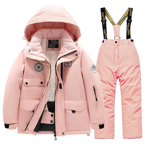 SUYUKU Kid Boy Snow 2 Anzug Winter Gril Boy Schneeanzug Mode Kapuzenmantel Warme Latzhose Kinder Mädchen Wasserdicht Skianzüge Thermo Plüsch Outdoor Kinder Winter Verdickte Daunenjacke Anzug von SUYUKU