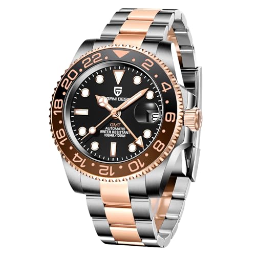 Pagani Design GMT 40mm Automatik NH34 Kaliber Keramik Lünette Duale Zeitzone Datum 100m Wasserdicht Leuchtend Sport Business Uhr (Rose Gold - 3) von SUZAKU