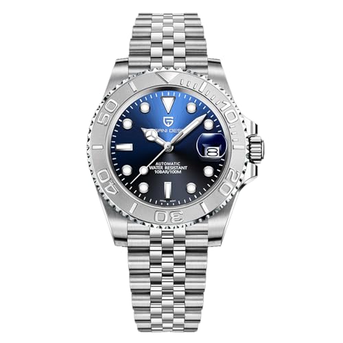 Pagani Design 1651 Herrenuhr Automatik NH35 Mechanische Uhr Edelstahl Saphirglas Drehbare Lünette 100m Wasserdicht Leuchtende Herren Business Automatikuhr(Weiß Blau-5) von SUZAKU