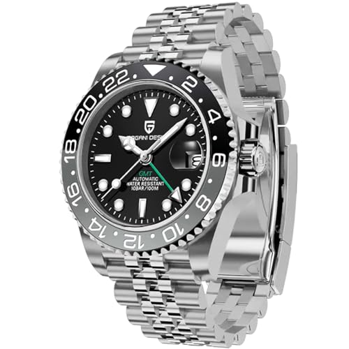 Pagani Design 1662 Herren Automatik GMT Mechanisch Edelstahl 40MM Uhr Saphirglas Wasserdicht Leuchtend Mode Business Herrenuhr(Fünf Baht schwarz grau) von SUZAKU