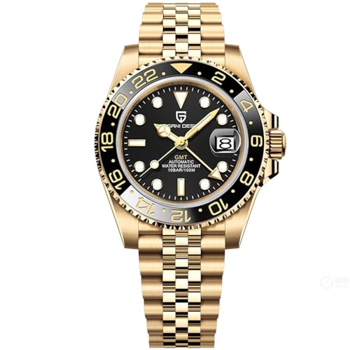 Pagani Design 1662 Herren Automatik GMT Mechanisch Edelstahl 40MM Uhr Saphirglas Wasserdicht Leuchtend Mode Business Herrenuhr (All Gold Schwarz) von SUZAKU