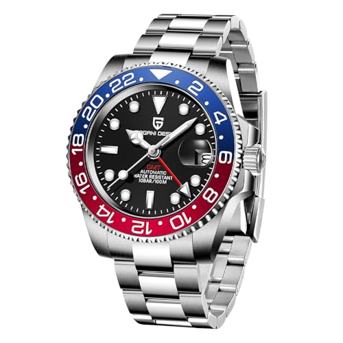 Pagani Design GMT 40mm Automatik NH34 Kaliber Keramik Lünette Duale Zeitzone Datum 100m Wasserdicht Leuchtend Sport Business Uhr (Blau und Rot - 3) von SUZAKU