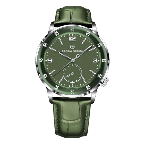 Pagani Design Herren-Automatikuhr Leicht ablesbares großes Zifferblatt Mechanische Uhr Synthetisches Saphirglas 100 Meter wasserdicht Ultraflache Herren-Lederuhr（Grün mit Silbergrün） von SUZAKU