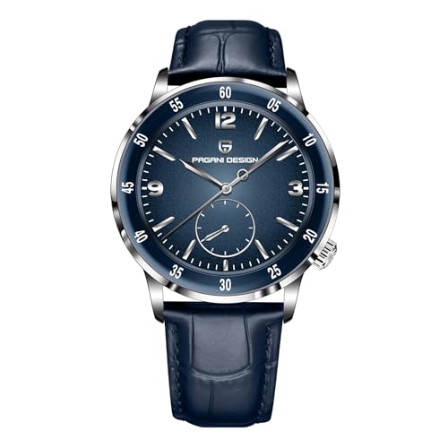 Pagani Design Herren-Automatikuhr Leicht ablesbares großes Zifferblatt Mechanische Uhr Synthetisches Saphirglas 100 Meter wasserdicht Ultraflache Herren-Lederuhr（Silber und Blau） von SUZAKU