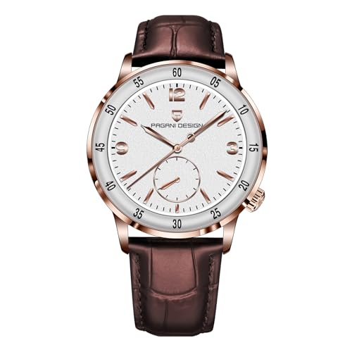 Pagani Design Herren-Automatikuhr Leicht ablesbares großes Zifferblatt Mechanische Uhr Synthetisches Saphirglas 100 Meter wasserdicht Ultraflache Herren-Lederuhr（pures Gold） von SUZAKU