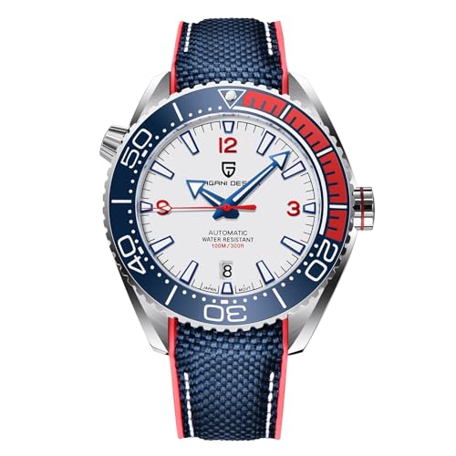 Pagani Design Herrenuhr Automatik Mechanische Uhr Keramiklünette Edelstahl 100m wasserdicht Tauchen Sportarmband Datum Leuchtend Luxusuhr Kautschukarmband（Klebeband blau und weiß） von SUZAKU