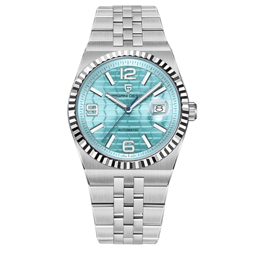 Pagani Design Neue Herrenuhr Japanisches Automatikwerk Edelstahlgehäuse 10ATM Wasserdicht Leuchtend Lässige Business Herrenuhr mit Datum (Stahlsilber himmelblau) von SUZAKU