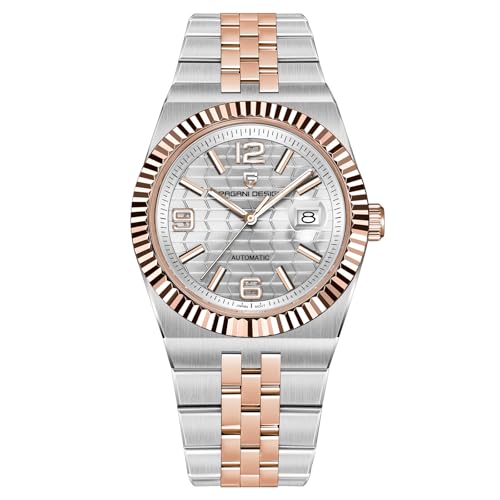 Pagani Design Neue Herrenuhr Japanisches Automatikwerk Edelstahlgehäuse 10bar Wasserdicht Leuchtend Lässige Business Herrenuhr mit Datum (Gold und Weiß) von SUZAKU