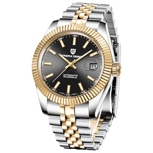 Pagani Design PD1645 Herren Automatikuhr 42mm - Japanisches Werk, Datumsanzeige, Saphirglas, 100m wasserdicht, Lumineszenz, Sport-Business-Herrenuhr (Schwarz Gold) von SUZAKU