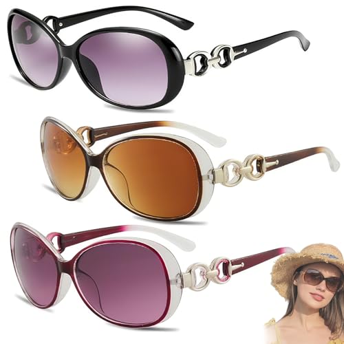 SUpoetry 3 Stück Groß Frauen Sonnenbrillen, Sonnenbrille Damen Vintage Set Mit 3 Mikrofaser, Doppel Ring Design Gradienten Quadrat Sonnenbrille Weibliche UV400 (Schwarz + Lila + Tea brown) von SUpoetry