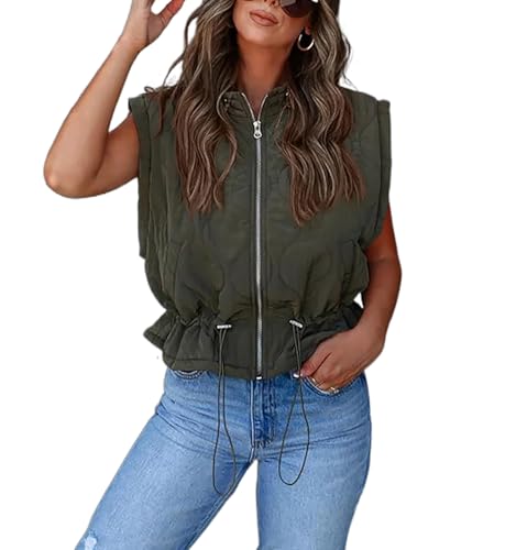 SVALIY Damen Weste Top Gesteppte Puffer Weste Leichte Ärmellose Reißverschluss Gepolsterte Weste Stehkragen Winter Oberbekleidung mit Tasche, Grün (Army Green), Large von SVALIY