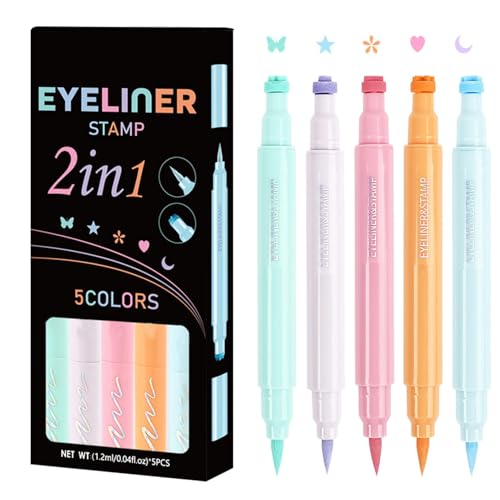 SVCEQZE Flüssiger farbiger Eyeliner,Flüssiger Eyeliner-Stempel | Schnelltrocknendes Eyeliner-Stempelset | Star Moon Heart Flower Bunte geflügelte Eyeliner, 5 Stück doppelseitiger von SVCEQZE