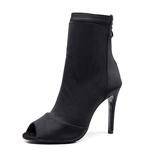 Damen Lateinische Tanzstiefel Reißverschluss Peep Toe Salsa Bachata Ballsaal Tanz Stiefeletten Absätze Tanzschuhe,1022,Schwarz,Frese,Gummisohle 7.5cm,37EU von SWDZM