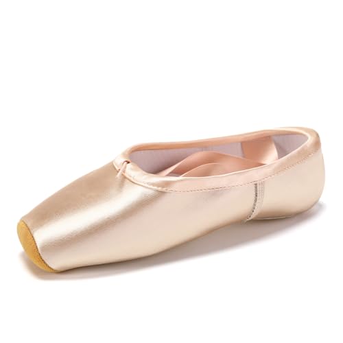 SWDZM Ballett Spitzenschuhe Ballettschläppchen Tanzschuhe mit dem genähten Band und Zehenpads für Mädchen,Rosa,Ledersohle,35 EU von SWDZM