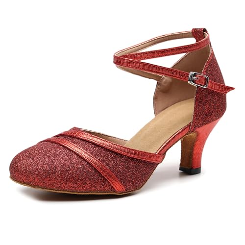 SWDZM Damen Ballroom Tanzschuhe Colsed Toe Latin Salsa Bachata Performance Tanzschuhe,Ferse-6cm,Rot,EU 35 von SWDZM