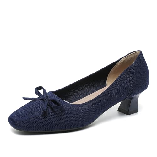 SWDZM Damen Bogen Gestrickte Quadratische Zehe Klassische Vielseitige High Heel Court Schuhe,Blau,EU 36.5 von SWDZM