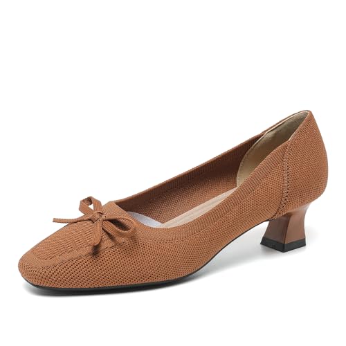 SWDZM Damen Bogen Gestrickte Quadratische Zehe Klassische Vielseitige High Heel Court Schuhe,Braun,EU 38.5 von SWDZM