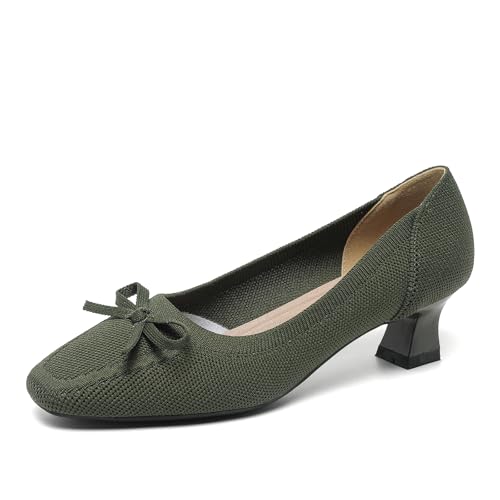 SWDZM Damen Bogen Gestrickte Quadratische Zehe Klassische Vielseitige High Heel Court Schuhe,Grün,EU 38 von SWDZM