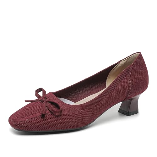 SWDZM Damen Bogen Gestrickte Quadratische Zehe Klassische Vielseitige High Heel Court Schuhe,Orange Rot,EU 36.5 von SWDZM