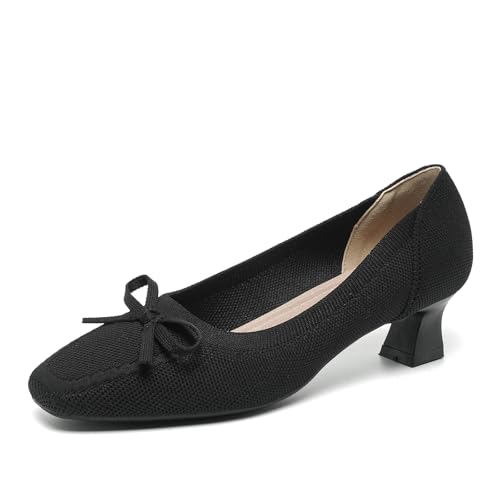 SWDZM Damen Bogen Gestrickte Quadratische Zehe Klassische Vielseitige High Heel Court Schuhe,Schwarz,EU 39 von SWDZM