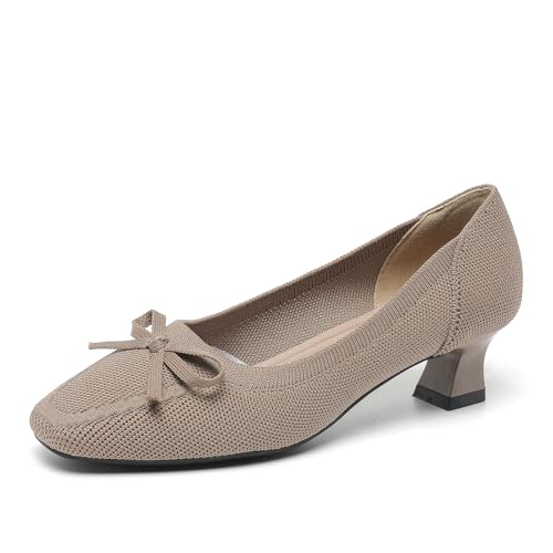 SWDZM Damen Bogen Gestrickte Quadratische Zehe Klassische Vielseitige High Heel Court Schuhe,Tiefes Aprikose,EU 39 von SWDZM