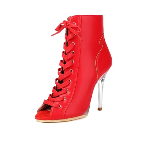 SWDZM Damen Jazz Tanzschuhe mit Absatz Kristallabsatz Latein Salsa Performance Stiefeletten,Ferse-11.5cm,Rot,EU 37.5 von SWDZM