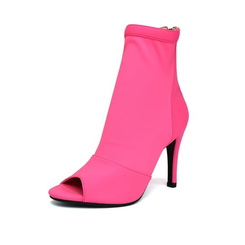 SWDZM Damen Lateinische Tanzstiefel Reißverschluss Peep Toe Salsa Bachata Ballsaal Tanz Stiefeletten Absätze Tanzschuhe,Heißes Rosa,Gummisohle 9.5cm,42EU von SWDZM