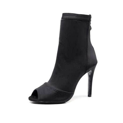 SWDZM Damen Lateinische Tanzstiefel Reißverschluss Peep Toe Salsa Bachata Ballsaal Tanz Stiefeletten Absätze Tanzschuhe,Schwarz,Gummisohle 8.5cm,41EU von SWDZM