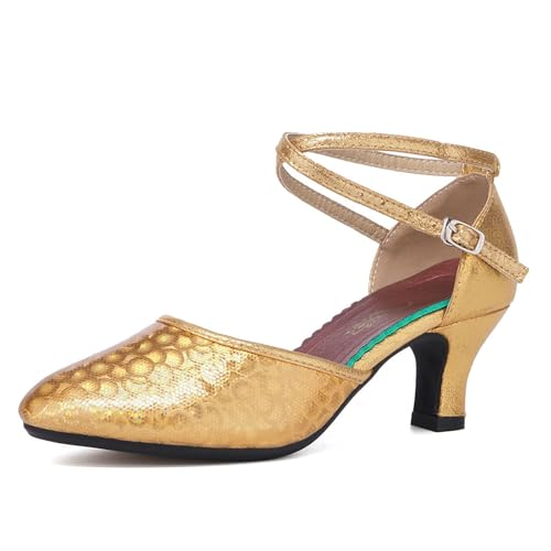 SWDZM Damen Latin Tanzschuhe Mid Low Heel Modern Ballroom Salsa Tanzschuhe,Ferse-5.5cm,Gold,EU 36.5 von SWDZM