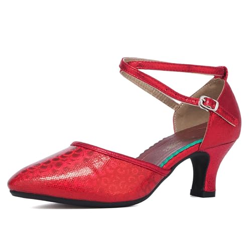 SWDZM Damen Latin Tanzschuhe Mid Low Heel Modern Ballroom Salsa Tanzschuhe,Ferse-5.5cm,Rot,EU 37.5 von SWDZM