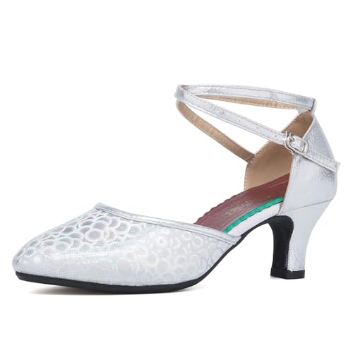 SWDZM Damen Latin Tanzschuhe Mid Low Heel Modern Ballroom Salsa Tanzschuhe,Ferse-5.5cm,Silber,EU 37.5 von SWDZM