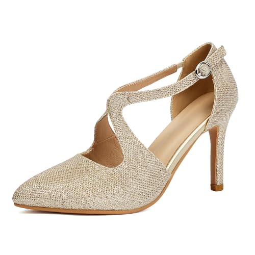 SWDZM Damen Spitze Zehe Glitter Geschlossene Zehe hohe Ferse Tanzschuhe,Ferse-9cm,Gold,EU 38 von SWDZM