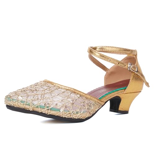 SWDZM Frauen Ballsaal Tanzschuhe Geschlossene Zehe Tiefe Absatz Latin Salsa Tanzschuhe,Ferse-3.5cm,Gold,EU 38 von SWDZM