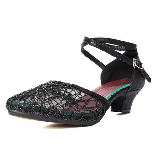 SWDZM Frauen Ballsaal Tanzschuhe Geschlossene Zehe Tiefe Absatz Latin Salsa Tanzschuhe,Ferse-3.5cm,Schwarz,EU 37.5 von SWDZM