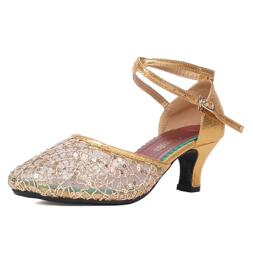 SWDZM Frauen Ballsaal Tanzschuhe Geschlossene Zehe Tiefe Absatz Latin Salsa Tanzschuhe,Ferse-5.5cm,Gold,EU 37.5 von SWDZM