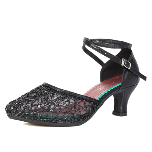 SWDZM Frauen Ballsaal Tanzschuhe Geschlossene Zehe Tiefe Absatz Latin Salsa Tanzschuhe,Ferse-5.5cm,Schwarz,EU 38 von SWDZM