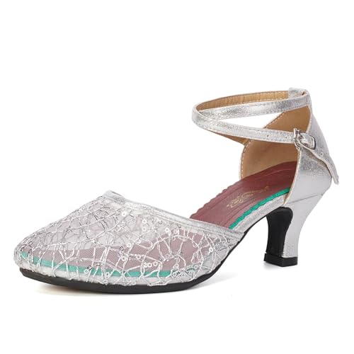 SWDZM Frauen Ballsaal Tanzschuhe Geschlossene Zehe Tiefe Absatz Latin Salsa Tanzschuhe,Ferse-5.5cm,Silber,EU 37.5 von SWDZM